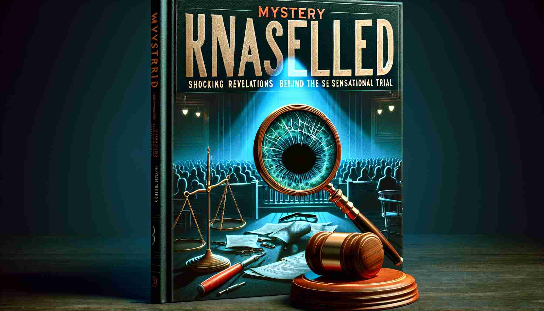 A detailed, high-definition image of the cover of an imaginary book titled 'Mystery Unraveled: Shocking Revelations Behind the Sensational Trial'. The cover has vivid, suspenseful visual elements typical of crime novels: a magnifying glass highlighting obscured legal documents, dark shadows stretching across a dimly lit courtroom, and a gavel in the foreground symbolizing justice. The title is in bold, large letters with a dramatic font.