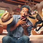 Detailed image of a shocking incident involving a middle-aged East Asian man who is being surprised by a mischievous capuchin monkey that's his pet. The monkey, exhibiting a playful look, is mishandling the man's hat, adding to the suspense of the situation. The setting is a cozy living room filled with Mediterranean interior design elements. Light filters in through a nearby window softening the surroundings. Shock and surprise is clearly expressed on the man's face.