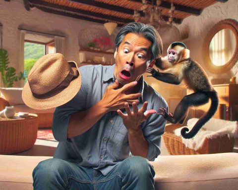 Detailed image of a shocking incident involving a middle-aged East Asian man who is being surprised by a mischievous capuchin monkey that's his pet. The monkey, exhibiting a playful look, is mishandling the man's hat, adding to the suspense of the situation. The setting is a cozy living room filled with Mediterranean interior design elements. Light filters in through a nearby window softening the surroundings. Shock and surprise is clearly expressed on the man's face.