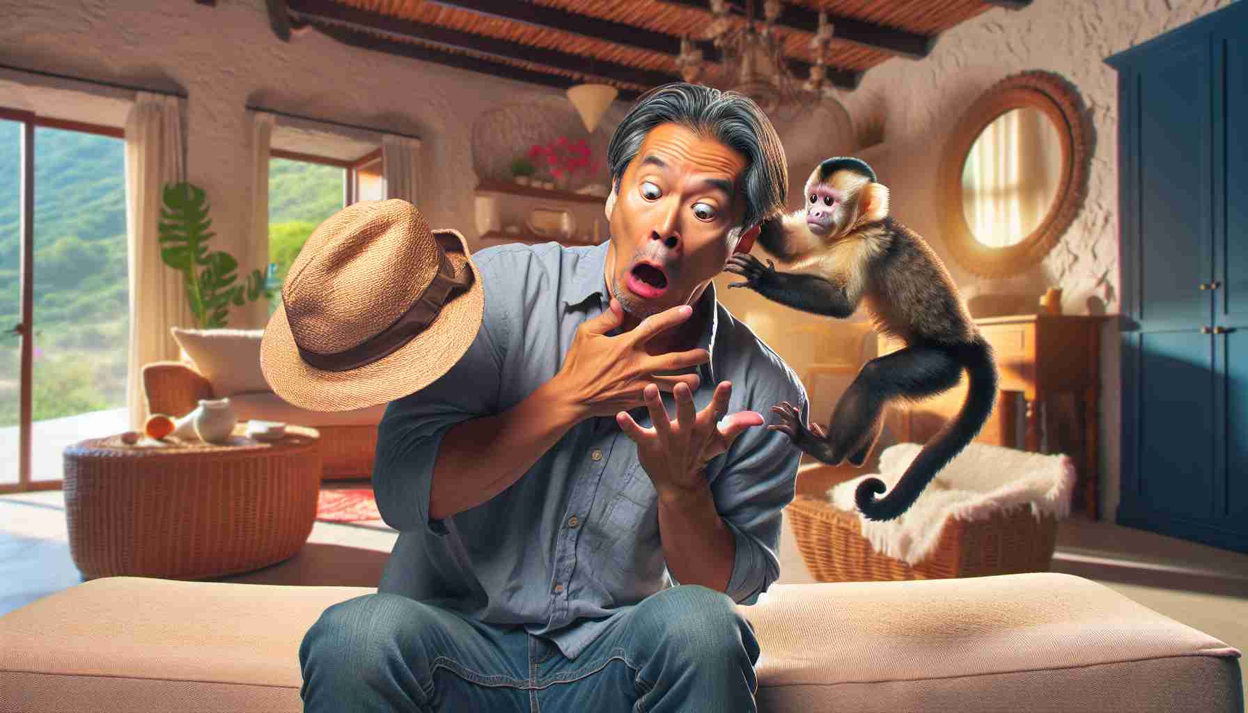 Detailed image of a shocking incident involving a middle-aged East Asian man who is being surprised by a mischievous capuchin monkey that's his pet. The monkey, exhibiting a playful look, is mishandling the man's hat, adding to the suspense of the situation. The setting is a cozy living room filled with Mediterranean interior design elements. Light filters in through a nearby window softening the surroundings. Shock and surprise is clearly expressed on the man's face.