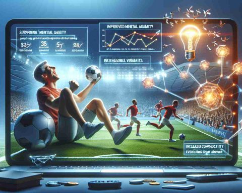 A high-definition, realistic image of a scene that symbolizes the findings of a new study revealing the surprising benefits of watching sports, such as football, basketball, or cricket, online. This could include visual elements such as a person joyfully watching a sports match on their laptop or tablet, an infographic highlighting key benefits like improved mental agility, the convenience of on-demand viewing, and increased social connectivity even from home.