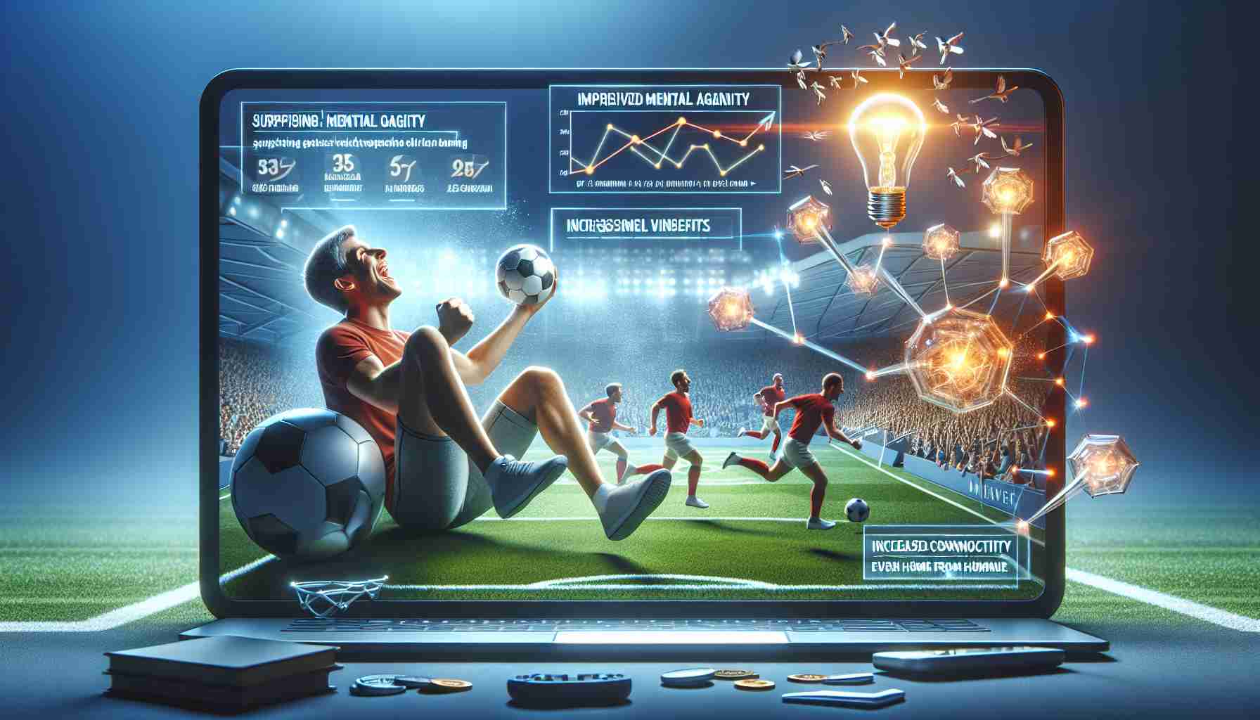 A high-definition, realistic image of a scene that symbolizes the findings of a new study revealing the surprising benefits of watching sports, such as football, basketball, or cricket, online. This could include visual elements such as a person joyfully watching a sports match on their laptop or tablet, an infographic highlighting key benefits like improved mental agility, the convenience of on-demand viewing, and increased social connectivity even from home.