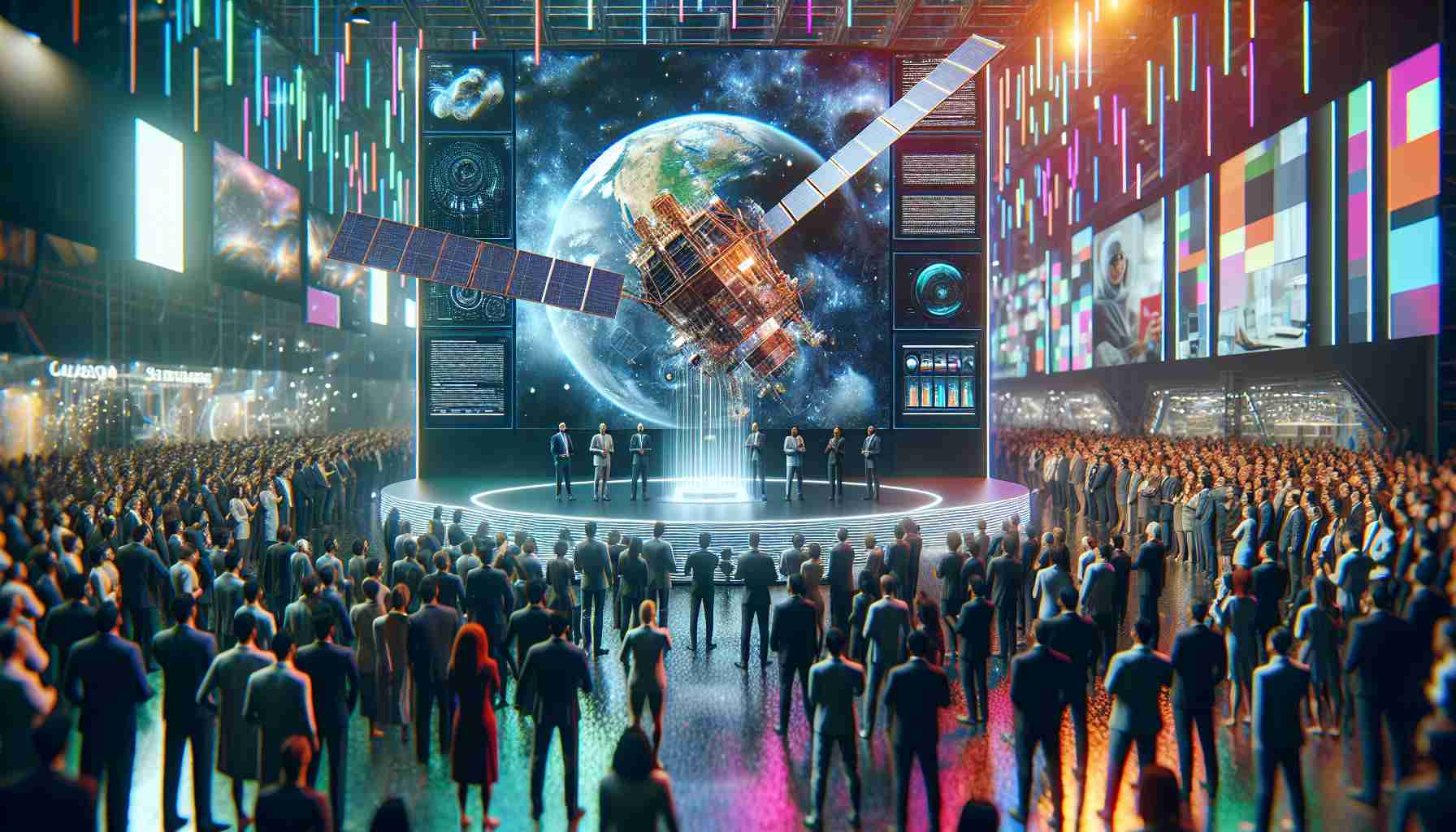 An HD quality image depicting an event showcasing revolutionary technology in the field of global connectivity. The scene is set at a technology fair, with panels detailing the new tech features. The technology in question could be a state-of-the-art satellite or a cutting-edge network device. Around the piece, a diverse crowd of individuals, including Caucasian and South Asian men, and Middle-Eastern and Black women, all appearing awe-struck by the technology. The atmosphere is vibrant, filled with multicolored spotlights reflecting off the shiny surfaces of the fair, emphasizing the future-forward theme.