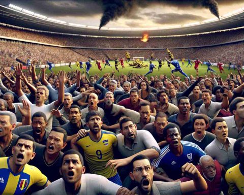 A high definition, realistic visual representation of a dramatic, unexpected event during a South American football match. It's a key moment, filled with suspense: the stadium is packed with enthusiastic fans representing multiple descents including Hispanic, Caucasian, Black, South Asian, and Middle Eastern. The intensity of the incident is reflected in their faces and reactions. The athletes on the field, varying in descents and genders, are also deeply impacted by the incident, showcasing a range of emotions from shock to determination.