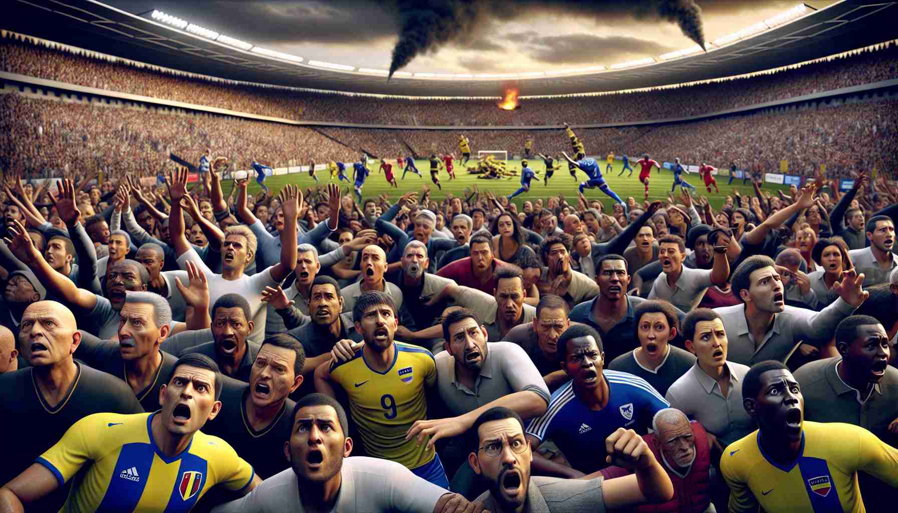 A high definition, realistic visual representation of a dramatic, unexpected event during a South American football match. It's a key moment, filled with suspense: the stadium is packed with enthusiastic fans representing multiple descents including Hispanic, Caucasian, Black, South Asian, and Middle Eastern. The intensity of the incident is reflected in their faces and reactions. The athletes on the field, varying in descents and genders, are also deeply impacted by the incident, showcasing a range of emotions from shock to determination.