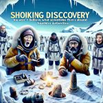 A highly detailed, realistic image of a scientific expedition in Antarctica. Display a scene of diverse group of scientists - an Asian woman, Black man, Middle-Eastern man, Caucasian woman - in heavy winter gear, completely surprised and shocked. They are around a site where they have made an incredible discovery. Perhaps there could be an unusual artifact partially uncovered in the ice, or maybe a strange biological specimen that defies current scientific knowledge. The headline text 'Shocking Discovery: You Won't Believe What Scientists Found in Antarctica' is written boldly over the top of the scene.