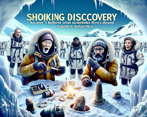 A highly detailed, realistic image of a scientific expedition in Antarctica. Display a scene of diverse group of scientists - an Asian woman, Black man, Middle-Eastern man, Caucasian woman - in heavy winter gear, completely surprised and shocked. They are around a site where they have made an incredible discovery. Perhaps there could be an unusual artifact partially uncovered in the ice, or maybe a strange biological specimen that defies current scientific knowledge. The headline text 'Shocking Discovery: You Won't Believe What Scientists Found in Antarctica' is written boldly over the top of the scene.