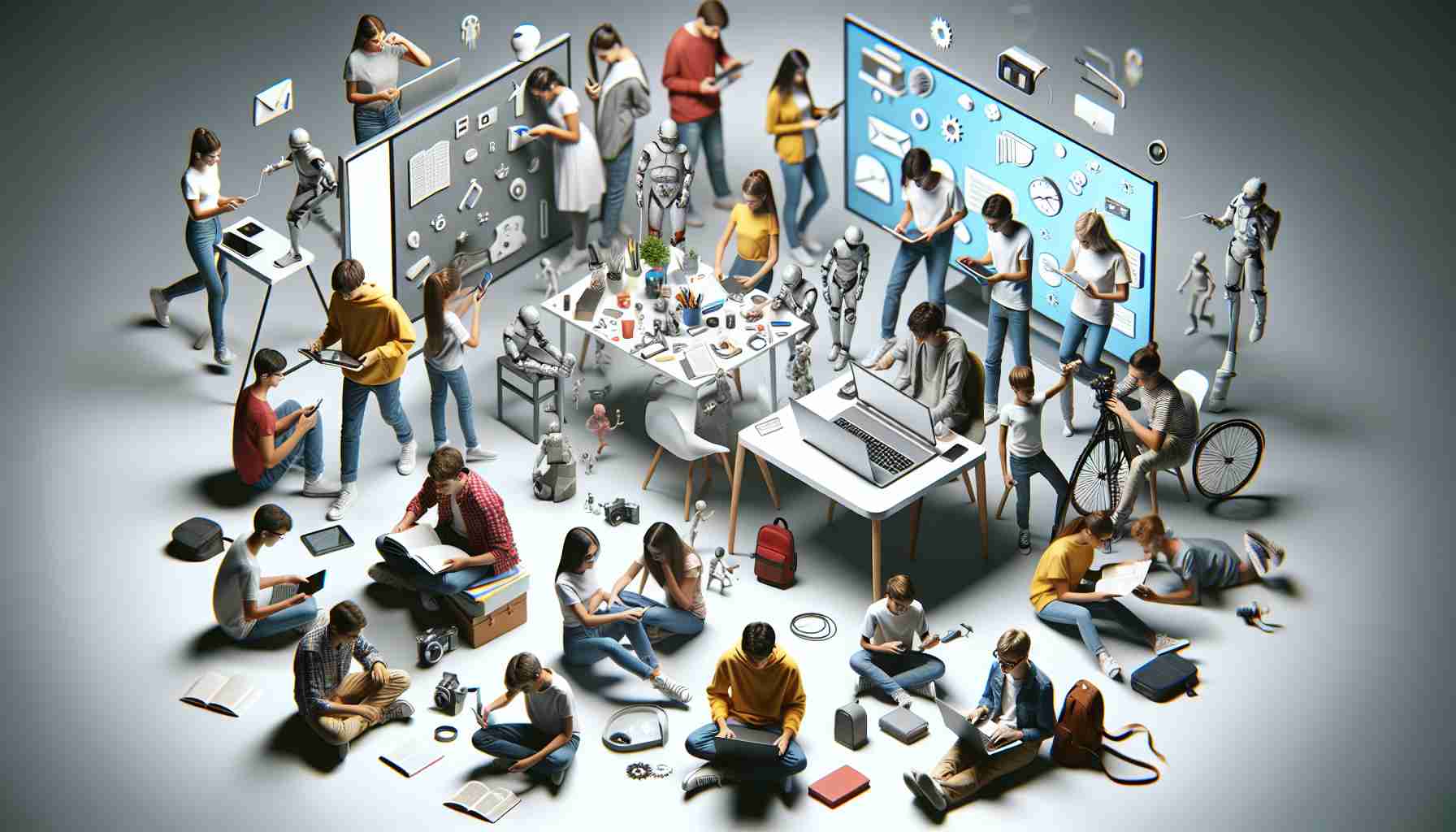 A high-definition, realistic image representing the concept of the modern challenges and experiences of today's youth. The scene portrays youngsters of various DESCENTS engaging in contemporary activities like studying, using technology, interacting socially, and exploring their identities. Be mindful to capture a mix of emotions, including joy, stress, curiosity, and resilience to embody the complex realities of today's younger generation.