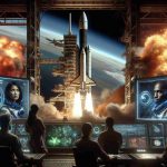 High Definition and realistic image of an awe-inspiring covert operation being revealed during a space launch. Feature a large, state-of-the-art spacecraft, ready on its launchpad, with towering flames and smoke billowing out from beneath. Around it, in the command center, strategic diagrams and screens illuminate the faces of a diverse team consisting of a South Asian woman, a Caucasian man, a Black woman, and a Middle-Eastern man. They are huddled together, tension filling their expressions, as they prepare for an incredible journey to the stars.