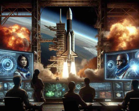 High Definition and realistic image of an awe-inspiring covert operation being revealed during a space launch. Feature a large, state-of-the-art spacecraft, ready on its launchpad, with towering flames and smoke billowing out from beneath. Around it, in the command center, strategic diagrams and screens illuminate the faces of a diverse team consisting of a South Asian woman, a Caucasian man, a Black woman, and a Middle-Eastern man. They are huddled together, tension filling their expressions, as they prepare for an incredible journey to the stars.