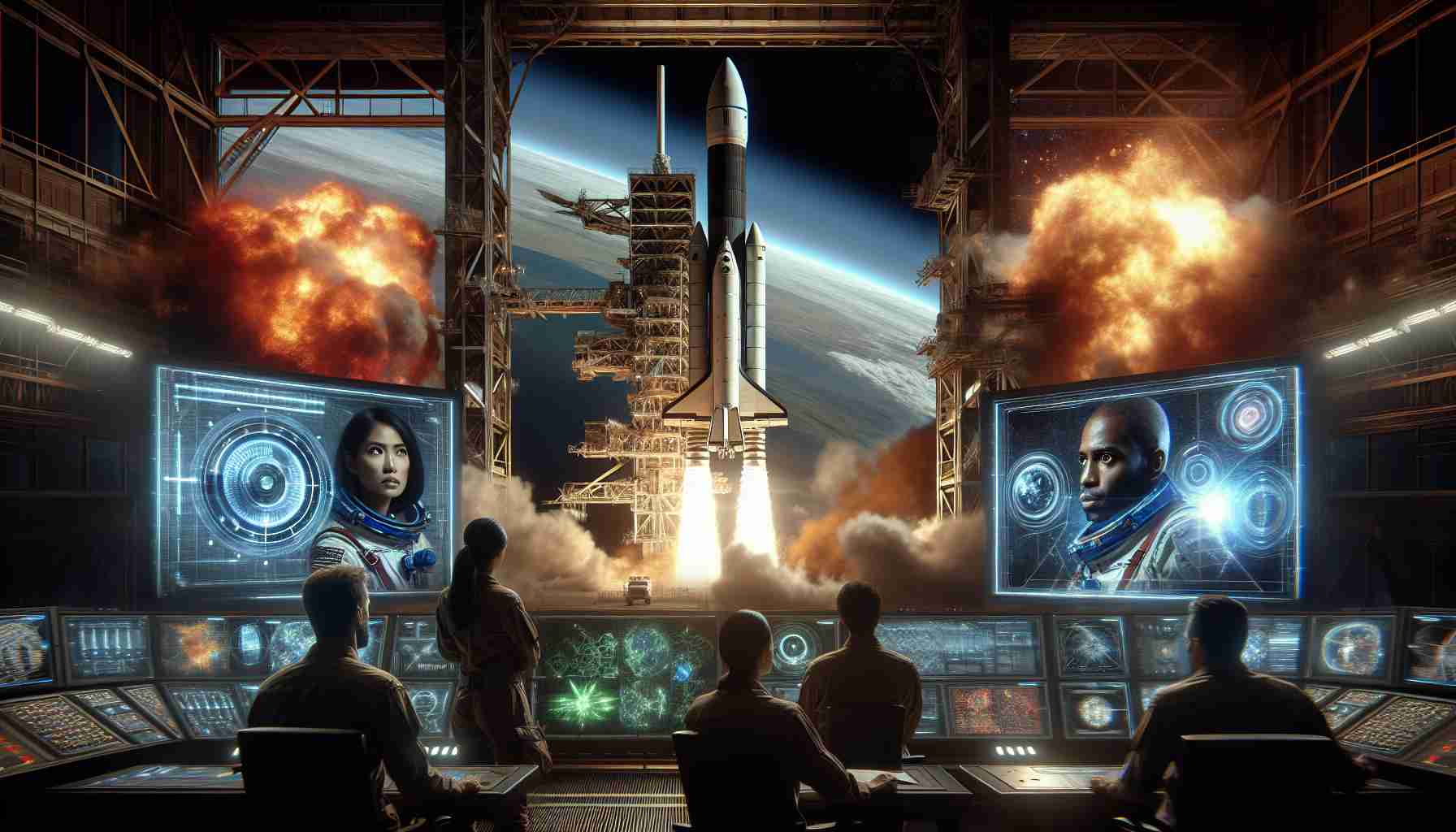 High Definition and realistic image of an awe-inspiring covert operation being revealed during a space launch. Feature a large, state-of-the-art spacecraft, ready on its launchpad, with towering flames and smoke billowing out from beneath. Around it, in the command center, strategic diagrams and screens illuminate the faces of a diverse team consisting of a South Asian woman, a Caucasian man, a Black woman, and a Middle-Eastern man. They are huddled together, tension filling their expressions, as they prepare for an incredible journey to the stars.