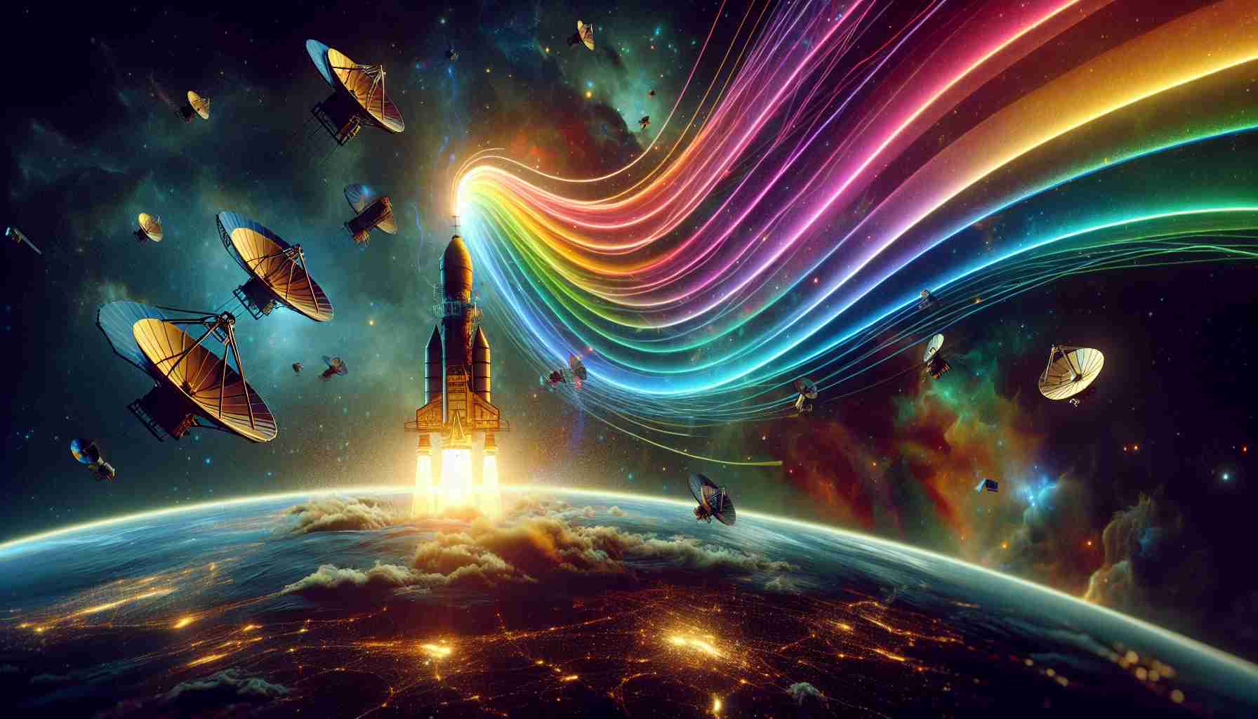 High-definition realistic depiction of a thrilling scene involving the launch of new, mysterious satellite channels. Present a collection of satellites soaring into the cosmos, their signals represented by colourful waves expanding across the universe. Incorporate visual content such as emblematic symbols or hints that suggest the nature of these channels without revealing too much, keeping their content a mystery.