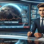 A realistic, high definition image of a breaking news screen with the headline: 'Explosive Mission Expected Tomorrow'. The screen shows a professional Caucasian male news anchor in a sharp suit, with a backdrop of a high-tech news studio. On the left side of the screen is a timeline graphic indicating mission steps. On the right, there's a spinning globe. On the bottom, there's a scrolling news ticker displaying other global news.