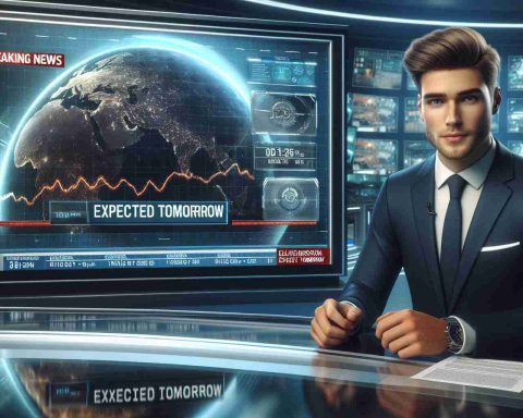 A realistic, high definition image of a breaking news screen with the headline: 'Explosive Mission Expected Tomorrow'. The screen shows a professional Caucasian male news anchor in a sharp suit, with a backdrop of a high-tech news studio. On the left side of the screen is a timeline graphic indicating mission steps. On the right, there's a spinning globe. On the bottom, there's a scrolling news ticker displaying other global news.