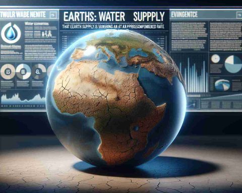 A realistic, high-definition image representing the alarming finding that Earth's water supply is vanishing at an unprecedented rate. The scene should capture a globe, focusing on Earth with significant areas of dried-up bodies of water visibly diminished. The image background will contain headlines or infographic elements highlighting the urgency and gravity of the situation. This dramatic imagery should evoke concern and raise awareness about the critical environmental issue of water scarcity and the need for urgent action.