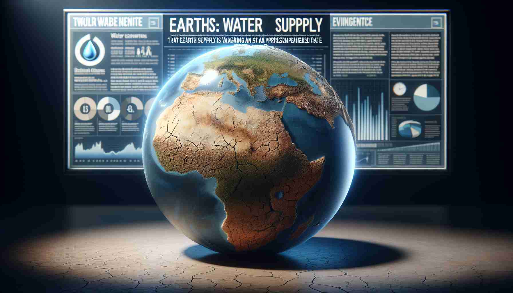 A realistic, high-definition image representing the alarming finding that Earth's water supply is vanishing at an unprecedented rate. The scene should capture a globe, focusing on Earth with significant areas of dried-up bodies of water visibly diminished. The image background will contain headlines or infographic elements highlighting the urgency and gravity of the situation. This dramatic imagery should evoke concern and raise awareness about the critical environmental issue of water scarcity and the need for urgent action.