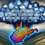 An image displaying the concept of revolutionary internet technology greatly influencing West Virginia. Picture this as a metaphorical storm over a map of the state. The storm will consists of symbols of various aspects of internet technology like network nodes, data packets, cloud computing icons etc in vibrant colors. The background should be a detailed, high-definition topographical map of West Virginia.