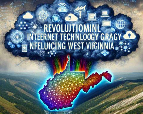 An image displaying the concept of revolutionary internet technology greatly influencing West Virginia. Picture this as a metaphorical storm over a map of the state. The storm will consists of symbols of various aspects of internet technology like network nodes, data packets, cloud computing icons etc in vibrant colors. The background should be a detailed, high-definition topographical map of West Virginia.