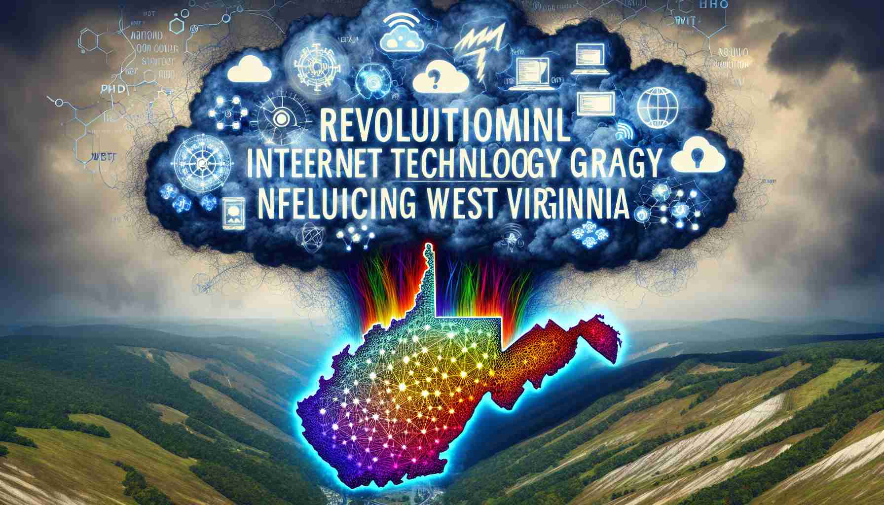 An image displaying the concept of revolutionary internet technology greatly influencing West Virginia. Picture this as a metaphorical storm over a map of the state. The storm will consists of symbols of various aspects of internet technology like network nodes, data packets, cloud computing icons etc in vibrant colors. The background should be a detailed, high-definition topographical map of West Virginia.