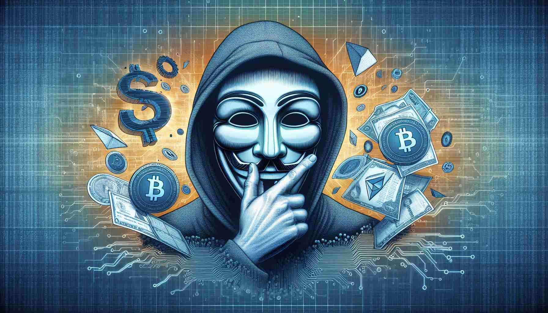 A detailed, realistic digital image in high definition showing a symbolic representation of a shocking revelation about the undisclosed relationship between anonymous public figures and the world of Cryptocurrency.