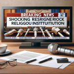 Realistic HD image of a Breaking News headline saying 'Shocking Resignation Rocks Religious Institution'. Picture a television screen displaying a news channel with this headline prominently featured. The screen is flanked by microphones, papers, a pen and a cup of coffee, implying a news broadcasting scene.