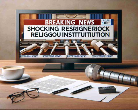 Realistic HD image of a Breaking News headline saying 'Shocking Resignation Rocks Religious Institution'. Picture a television screen displaying a news channel with this headline prominently featured. The screen is flanked by microphones, papers, a pen and a cup of coffee, implying a news broadcasting scene.