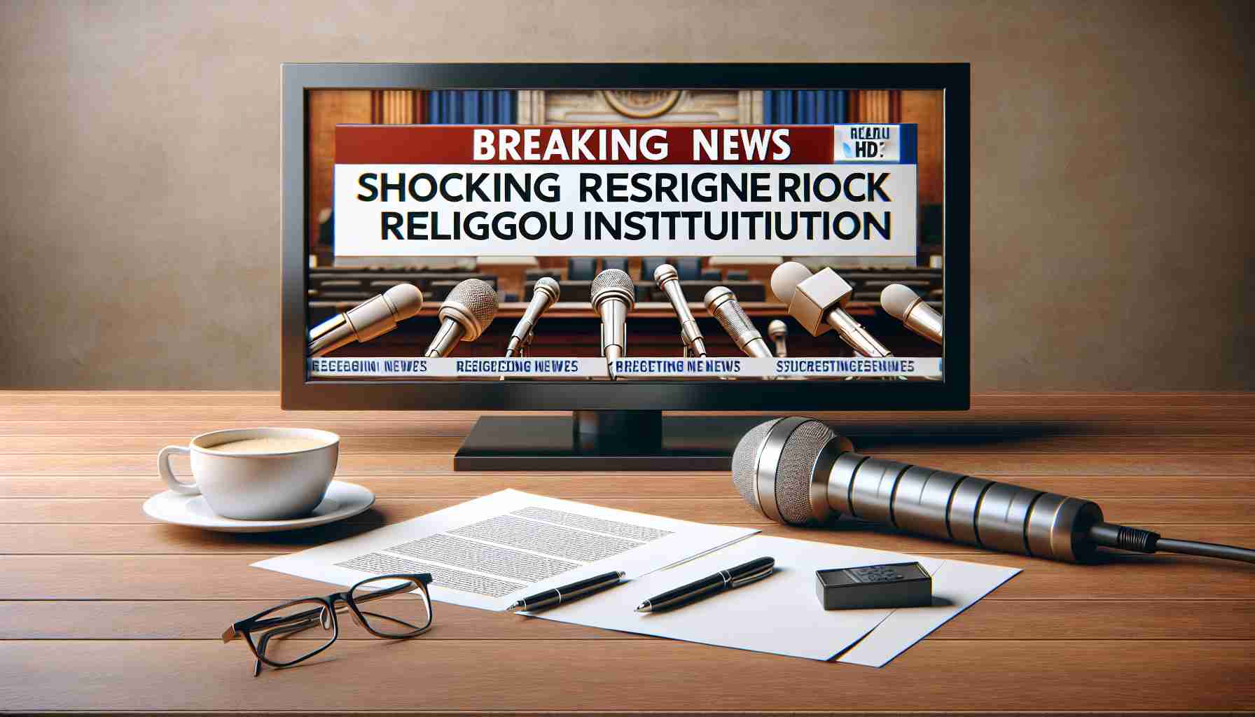 Realistic HD image of a Breaking News headline saying 'Shocking Resignation Rocks Religious Institution'. Picture a television screen displaying a news channel with this headline prominently featured. The screen is flanked by microphones, papers, a pen and a cup of coffee, implying a news broadcasting scene.