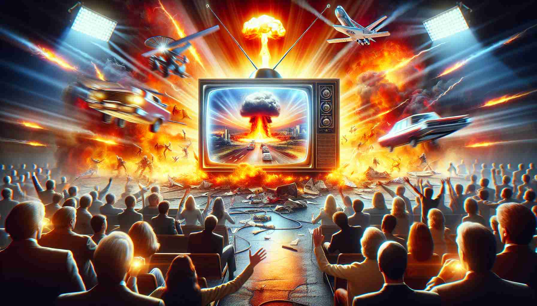 A highly detailed and realistic image depicting the excitement and surprise brought on by the return of fictitious television legends with thrilling, explosive new episodes. Convey this through relevant elements, such as a brightly lit vintage television screen exhibiting a thrilling scene full of action, a sensation of shock and anticipation in the atmosphere symbolizing the return of these legends, and symbolic references to explosive plot developments.