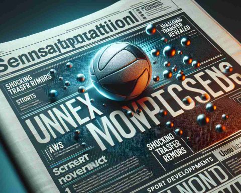 High-definition, realistic image featuring a sensational thematic concept, represented by a newspaper page with bold, eye-catching headlines such as 'Unexpected Moves: Shocking Transfer Rumors' and 'Sport Developments Revealed'. The design should reflect the unexpected and shocking nature of the news, with images of sport balls, subtle illustrations of strategy plays, and intriguing snippets of articles.