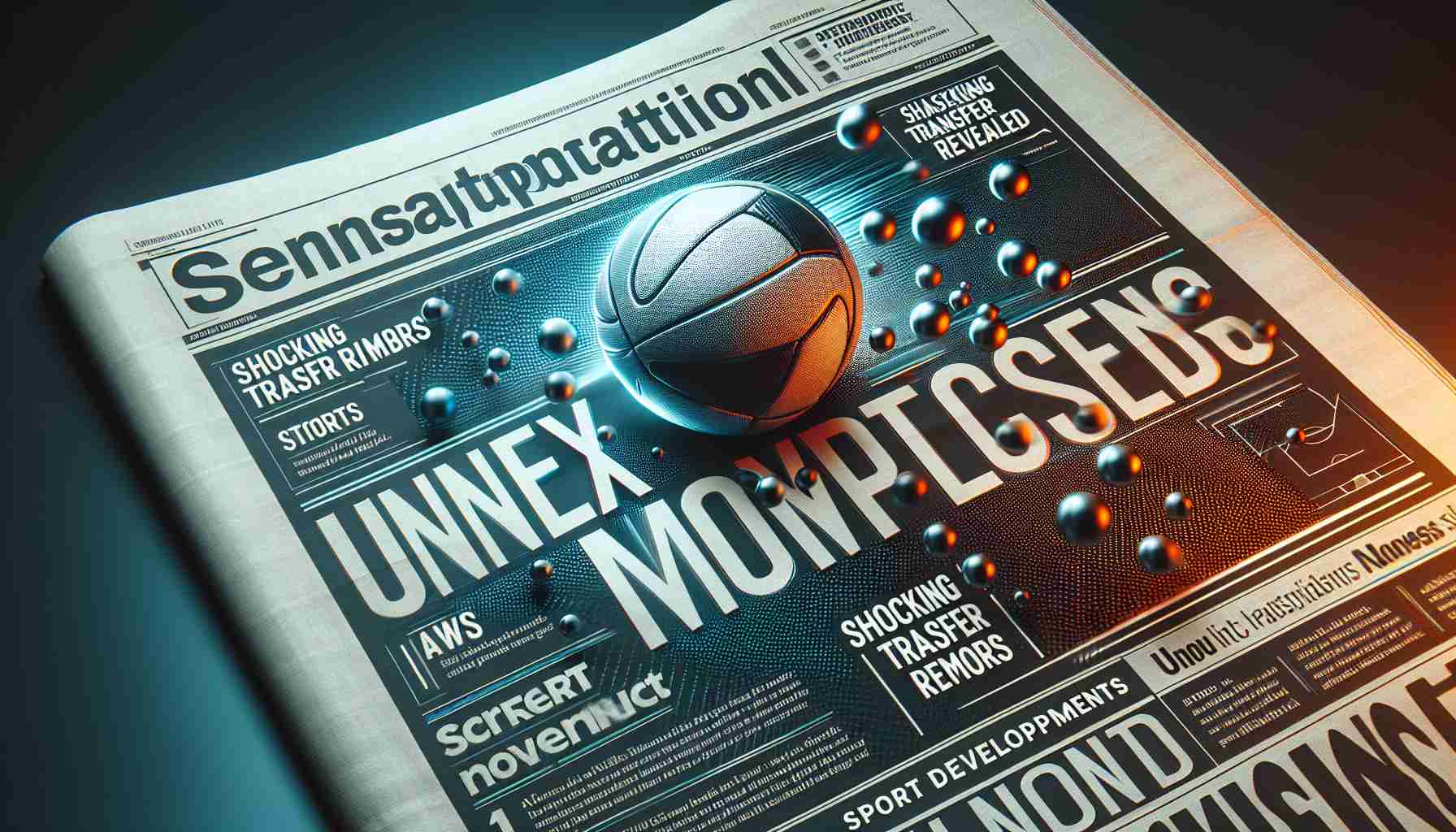 High-definition, realistic image featuring a sensational thematic concept, represented by a newspaper page with bold, eye-catching headlines such as 'Unexpected Moves: Shocking Transfer Rumors' and 'Sport Developments Revealed'. The design should reflect the unexpected and shocking nature of the news, with images of sport balls, subtle illustrations of strategy plays, and intriguing snippets of articles.