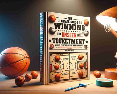 Realistic high-definition image of a book titled 'The Ultimate Guide to Winning the Unseen Basketball Tournament', illustrated with images of basketballs, a secret map of a tournament, and thrilling strategies for winning. Place the book on a wooden table lit by a warm table lamp to heighten the realism.