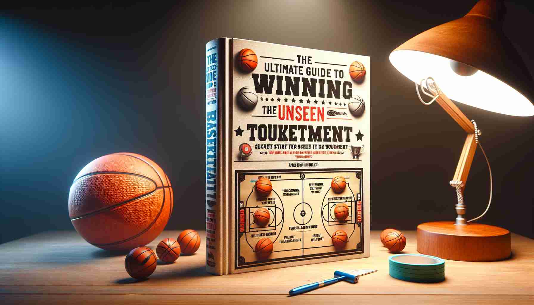 Realistic high-definition image of a book titled 'The Ultimate Guide to Winning the Unseen Basketball Tournament', illustrated with images of basketballs, a secret map of a tournament, and thrilling strategies for winning. Place the book on a wooden table lit by a warm table lamp to heighten the realism.