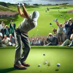 High-definition, realistic image of a golf player, unidentifiable yet evidently highly skilled, causing astonishment amongst the spectators and rival players with an unexpected, jaw-dropping shot. Capture the precise moment in the mid-swing where the surprise and shock are clearly visible on the faces of fans and other golfers. Portray the lush green golf course, shiny golf club, and the tiny ball frozen in the air. The player should be of average build, wearing a traditional golfer's attire - collared shirt, trousers, golf gloves, and golf shoes.