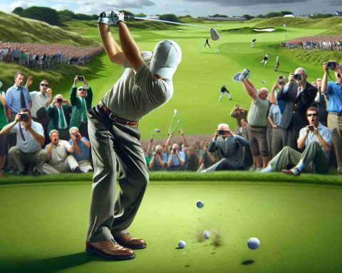 High-definition, realistic image of a golf player, unidentifiable yet evidently highly skilled, causing astonishment amongst the spectators and rival players with an unexpected, jaw-dropping shot. Capture the precise moment in the mid-swing where the surprise and shock are clearly visible on the faces of fans and other golfers. Portray the lush green golf course, shiny golf club, and the tiny ball frozen in the air. The player should be of average build, wearing a traditional golfer's attire - collared shirt, trousers, golf gloves, and golf shoes.