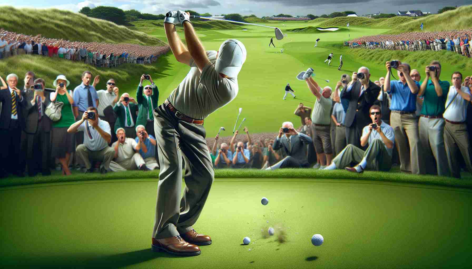 High-definition, realistic image of a golf player, unidentifiable yet evidently highly skilled, causing astonishment amongst the spectators and rival players with an unexpected, jaw-dropping shot. Capture the precise moment in the mid-swing where the surprise and shock are clearly visible on the faces of fans and other golfers. Portray the lush green golf course, shiny golf club, and the tiny ball frozen in the air. The player should be of average build, wearing a traditional golfer's attire - collared shirt, trousers, golf gloves, and golf shoes.