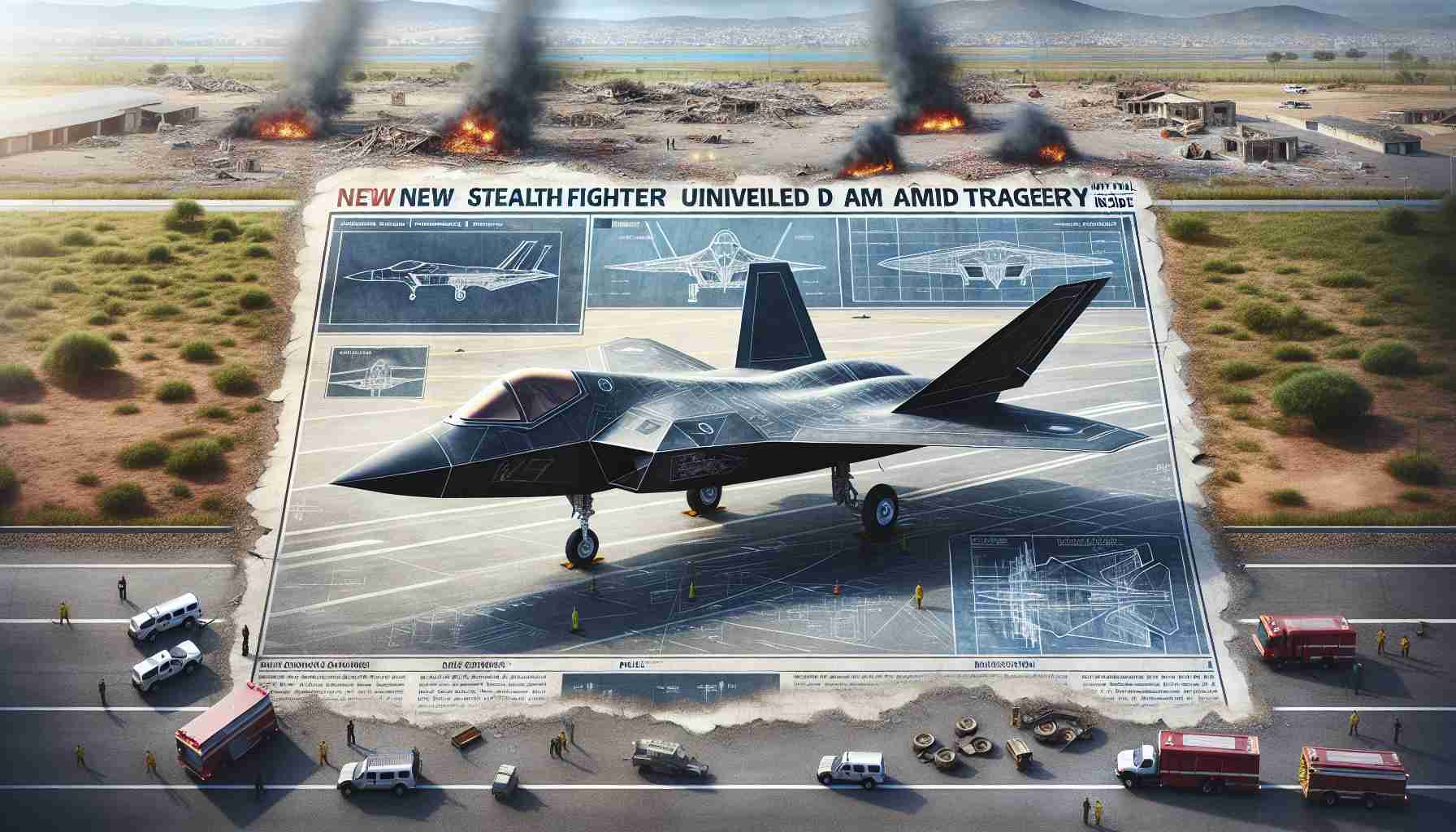 Generate a realistic HD image of a newly unveiled stealth fighter jet. The plane is situated on a runway under the clear, daytime sky. Plans and blueprints of the jet are displayed next to the aircraft, highlighting its advanced stealth capabilities. Around the area are signs of a recent tragic event, such as crumbled buildings and emergency service vehicles in the distance. News headlines in the corner read: 'New Stealth Fighter Unveiled Amid Tragedy: Full Story Inside'.