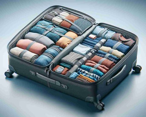 High definition, realistic image of an innovative, space-saving packing solution that travellers use quite often and speak highly of. It should include compactly organized clothes and other travel essentials inside a bag or suitcase, demonstrating significant space efficiency and ease of packing.