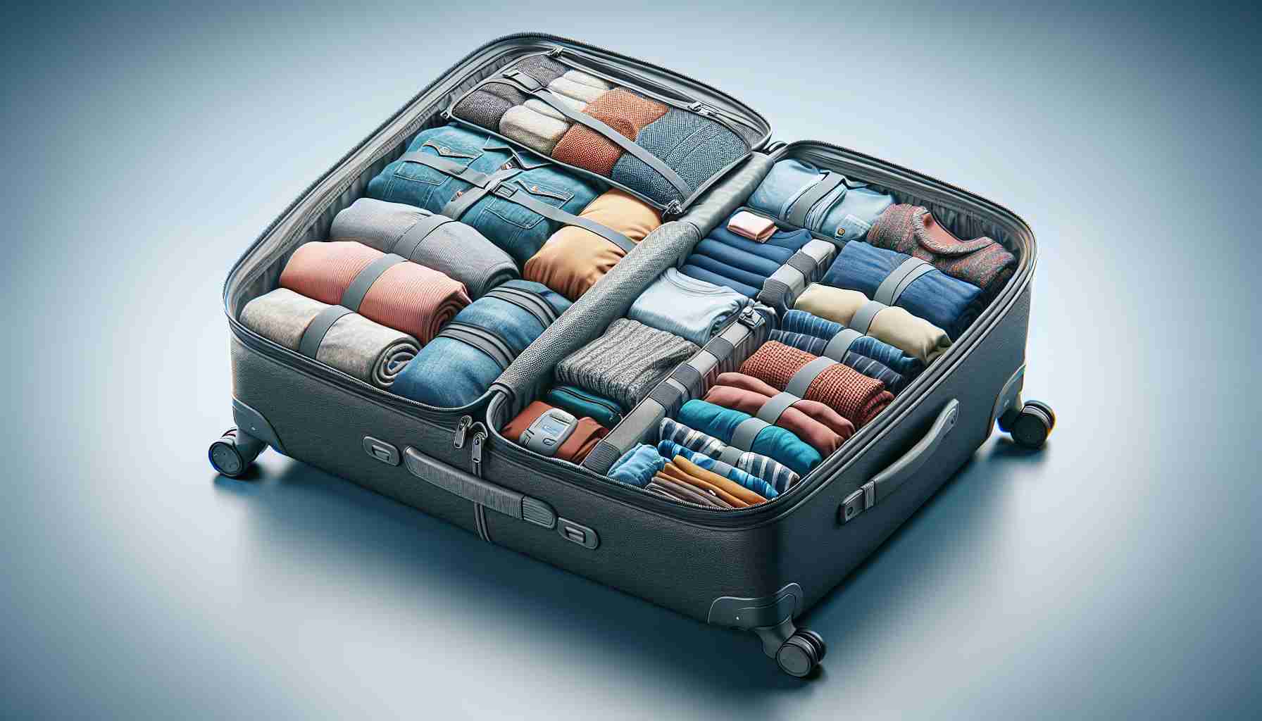 High definition, realistic image of an innovative, space-saving packing solution that travellers use quite often and speak highly of. It should include compactly organized clothes and other travel essentials inside a bag or suitcase, demonstrating significant space efficiency and ease of packing.