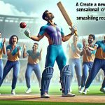 Create a high-definition, realistic image depicting a new sensational cricketer, who has demonstrated an unprecedented performance, smashing records. This cricketer should be seen celebrating on the pitch, surrounded by teammates. To portray diversity, make the cricketer of South Asian descent and female.