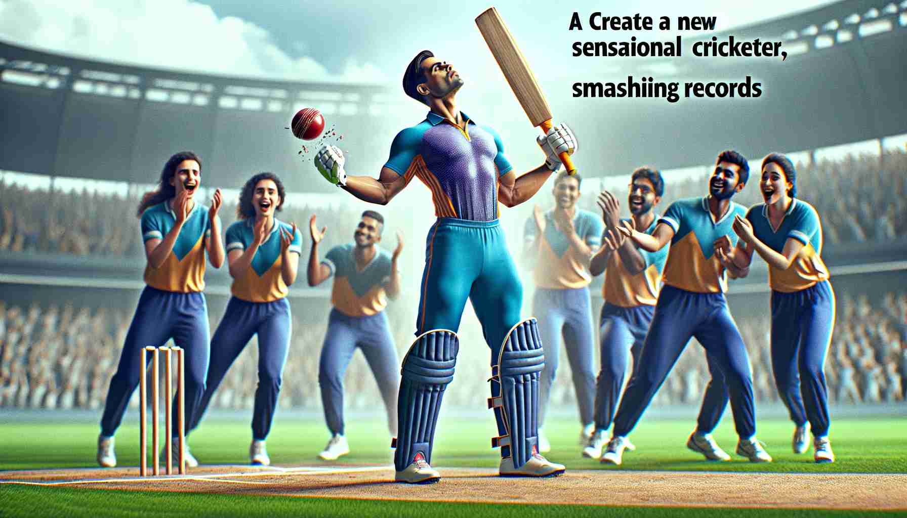 Create a high-definition, realistic image depicting a new sensational cricketer, who has demonstrated an unprecedented performance, smashing records. This cricketer should be seen celebrating on the pitch, surrounded by teammates. To portray diversity, make the cricketer of South Asian descent and female.