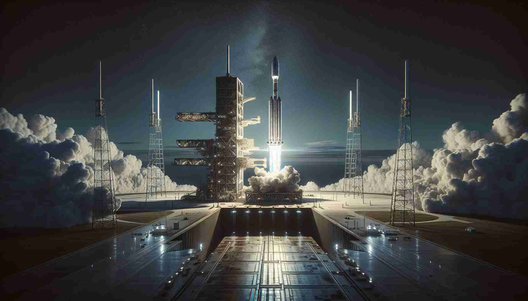 A high-definition depiction of an important, undisclosed event being revealed: the presentation of an historic launch by a private space exploration company. The image features the stunningly complex launchpad, an impressive, futuristic rocket poised for ascent, and a sky filled with anticipation. Implicating anticipation and excitement, the environment reflects the magnitude of the technological advancement.