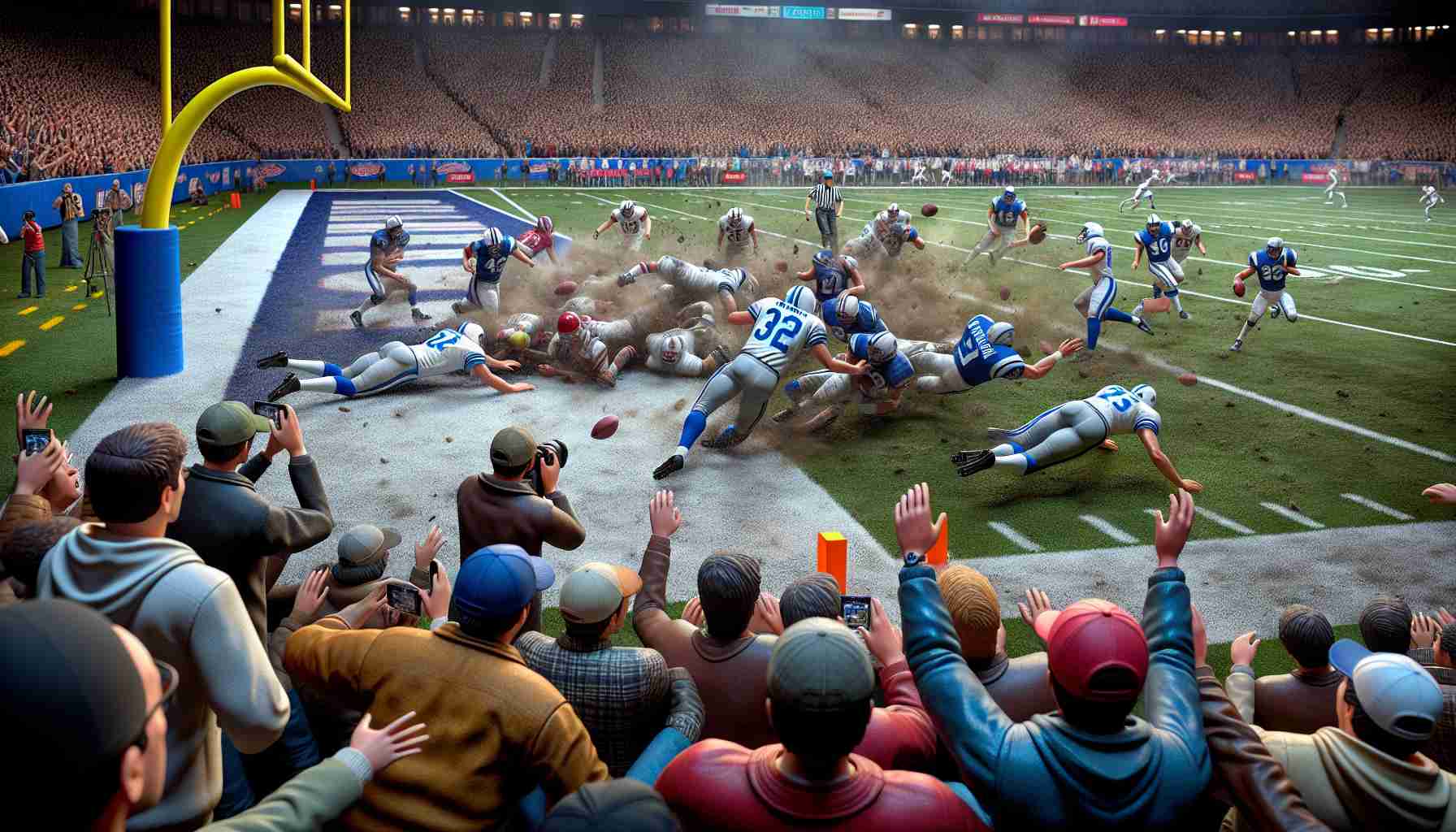 Highly-detailed realistic photograph showcasing an unexpected turn of events during a riveting Monday Night Football game. The scene captures the intense emotions of players and spectators alike, as they all struggle to come to terms with the surprising outcome of the match.