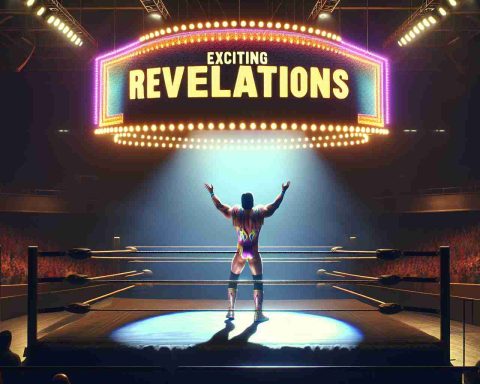 High-definition realistic illustration of a theatrical scene. The setting indicates the aftermath of a wrestling match, with a muscular figure standing victoriously in the middle of a ring. This figure is undeniably a professional wrestler, wearing flamboyantly styled spandex and sporting the bulky physique associated with the sport. Above the ring, a bright banner displays the tantalising words 'Exciting Revelations'. The atmosphere of the image is electrifying and filled with anticipation, as if this revelation will send shockwaves through the wrestling world.