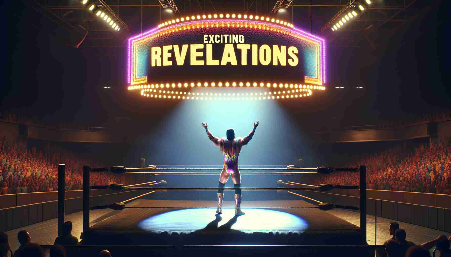 High-definition realistic illustration of a theatrical scene. The setting indicates the aftermath of a wrestling match, with a muscular figure standing victoriously in the middle of a ring. This figure is undeniably a professional wrestler, wearing flamboyantly styled spandex and sporting the bulky physique associated with the sport. Above the ring, a bright banner displays the tantalising words 'Exciting Revelations'. The atmosphere of the image is electrifying and filled with anticipation, as if this revelation will send shockwaves through the wrestling world.