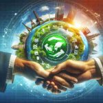 A high-definition, photorealistic image representing the concept of a new partnership focused on revolutionizing sustainable tourism strategies. The image should visualize elements such as two hands shaking symbolizing partnership, a green globe indicating sustainability, and some iconic tourist spots subtly superimposed onto the globe. These elements should be combined in a beautifully balanced layout that conveys a sense of innovative thinking and eco-friendly approach towards tourism.