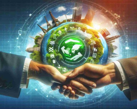 A high-definition, photorealistic image representing the concept of a new partnership focused on revolutionizing sustainable tourism strategies. The image should visualize elements such as two hands shaking symbolizing partnership, a green globe indicating sustainability, and some iconic tourist spots subtly superimposed onto the globe. These elements should be combined in a beautifully balanced layout that conveys a sense of innovative thinking and eco-friendly approach towards tourism.