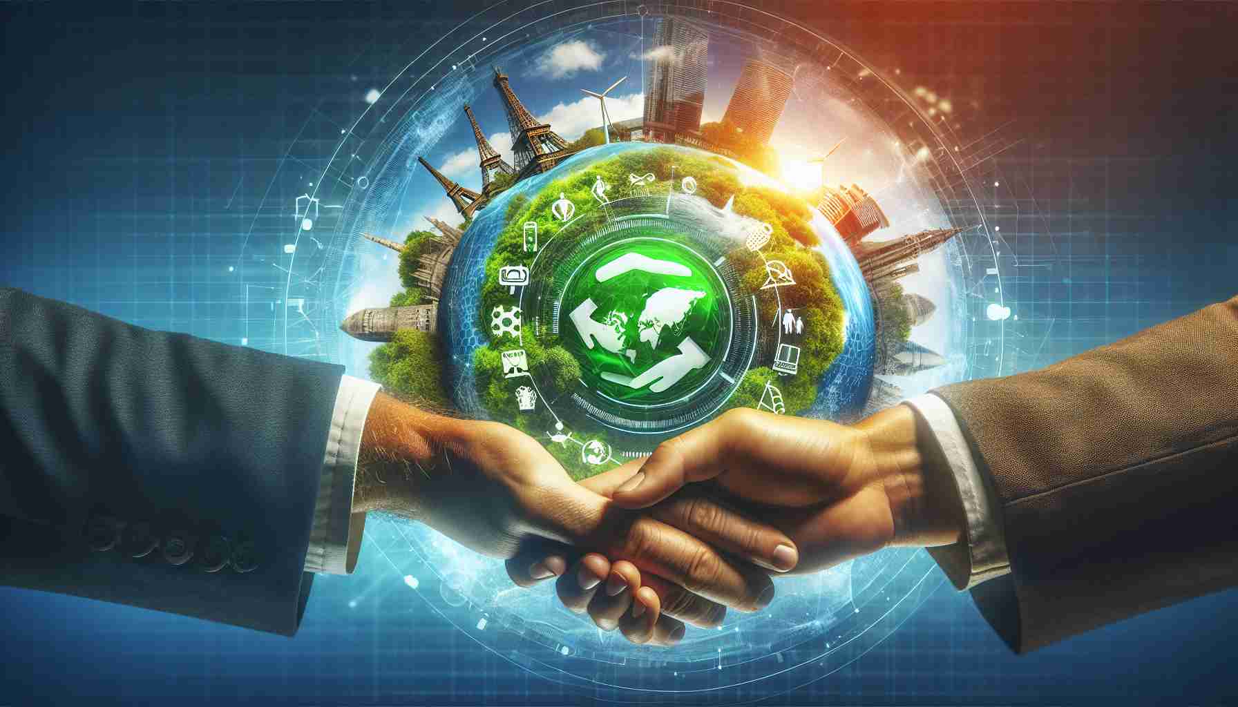 A high-definition, photorealistic image representing the concept of a new partnership focused on revolutionizing sustainable tourism strategies. The image should visualize elements such as two hands shaking symbolizing partnership, a green globe indicating sustainability, and some iconic tourist spots subtly superimposed onto the globe. These elements should be combined in a beautifully balanced layout that conveys a sense of innovative thinking and eco-friendly approach towards tourism.