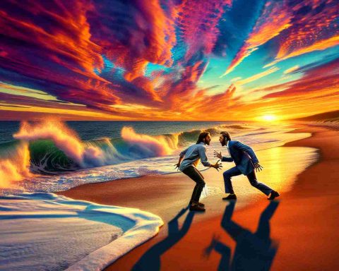 A high definition, realistic image representing a surprising twist at the end of a coastal scenario in the Outer Banks, a chain of barrier islands that lie off the coast of the U.S. state of North Carolina. The scene could contain elements of suspense and shock, maybe two characters interacting in a previously unexpected manner, against a stunning backdrop of ocean waves crashing on sandy shores as the sun sets, casting vibrant hues across the sky.