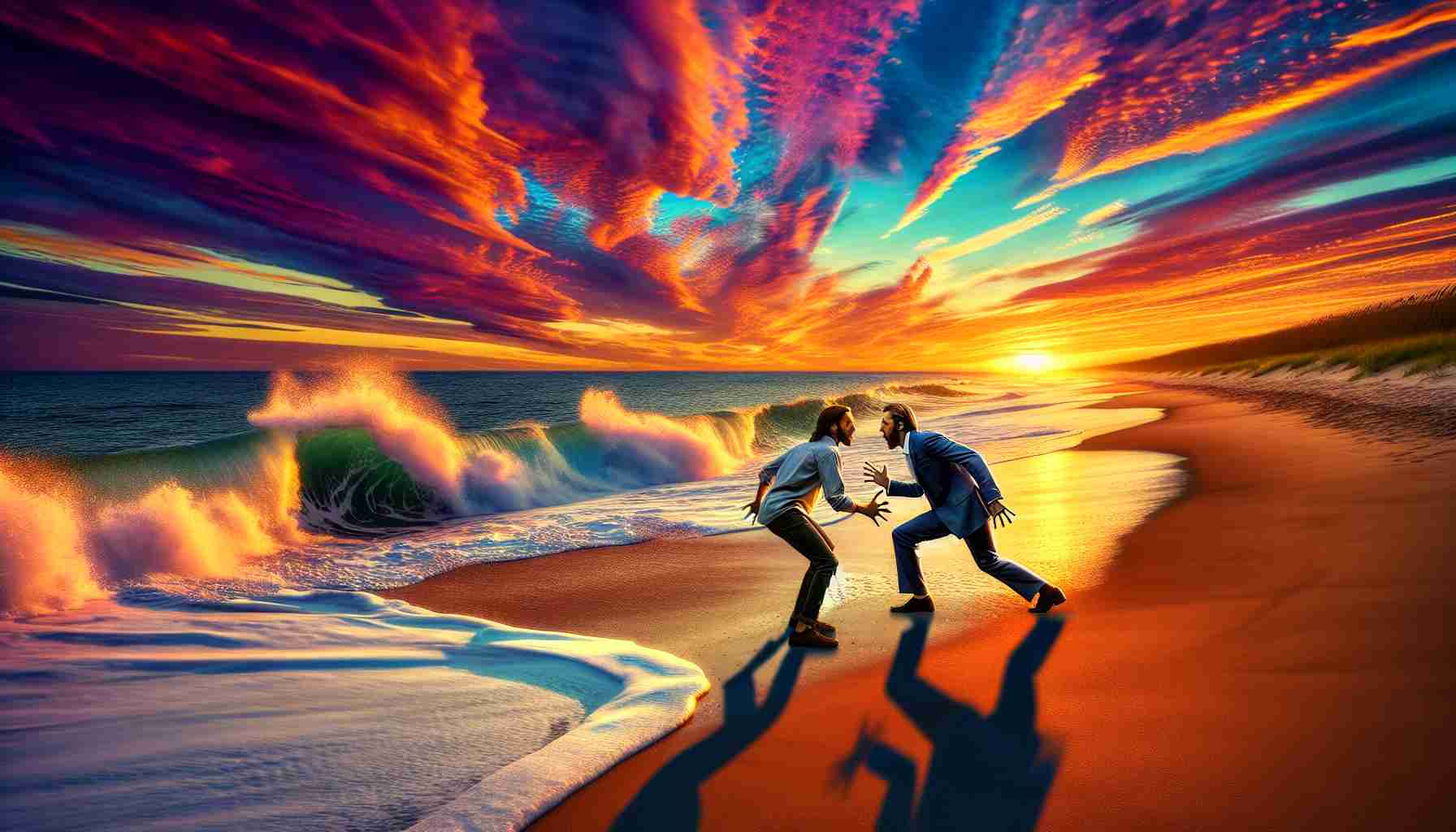 A high definition, realistic image representing a surprising twist at the end of a coastal scenario in the Outer Banks, a chain of barrier islands that lie off the coast of the U.S. state of North Carolina. The scene could contain elements of suspense and shock, maybe two characters interacting in a previously unexpected manner, against a stunning backdrop of ocean waves crashing on sandy shores as the sun sets, casting vibrant hues across the sky.