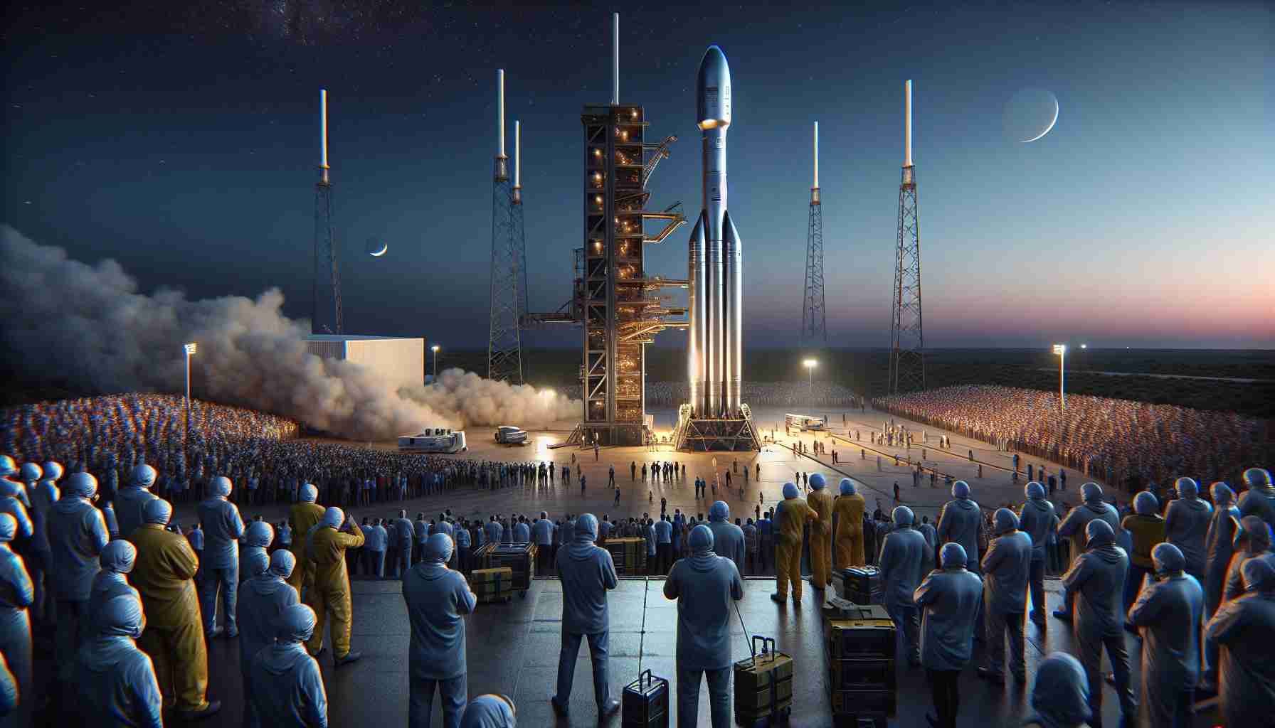 A high-definition, realistic depiction of a next-generation space rocket preparing for launch. This mission is shrouded in secrecy and is rumored to unveil a revolutionary new technology. Throngs of observers stand at some distance, their faces marked by anticipation and curiosity. The rocket, with its shiny metallic exterior, looms tall against the twilight sky. The surrounding atmosphere is charged, a mix of tension and expectation. Technicians, of various gender and descent, rigorously perform their final checks, capturing the diversity of the space exploration team.